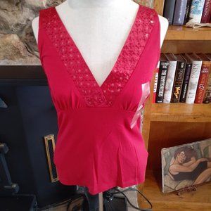 NEW Liz Claiborne Red Beaded Vneck Top Med.